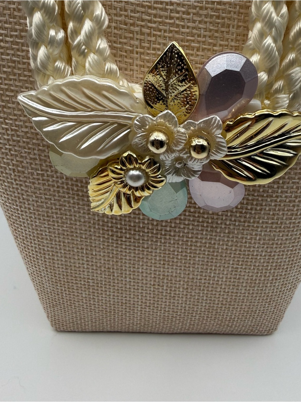 Cream Braided Necklace with Gold Leaf and Pastel Accents - Picture 3 of 6